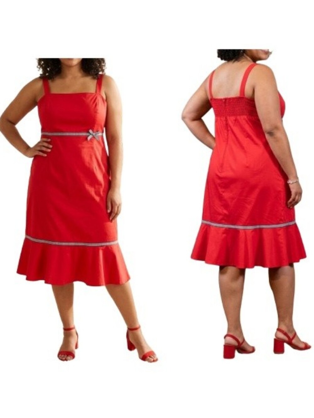 Madison Leigh Red Flounce Hem Dress NWT Checkered Trim Tank Straps Square Neck